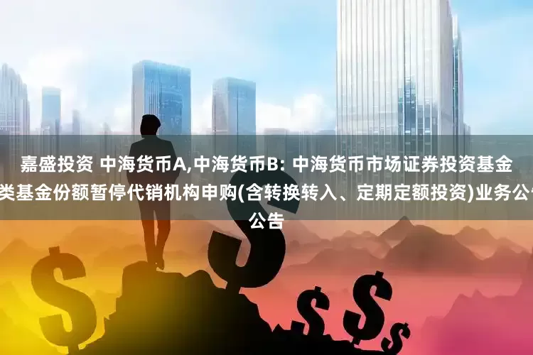 嘉盛投资 中海货币A,中海货币B: 中海货币市场证券投资基金B类基金份额暂停代销机构申购(含转换转入、定期定额投资)业务公告